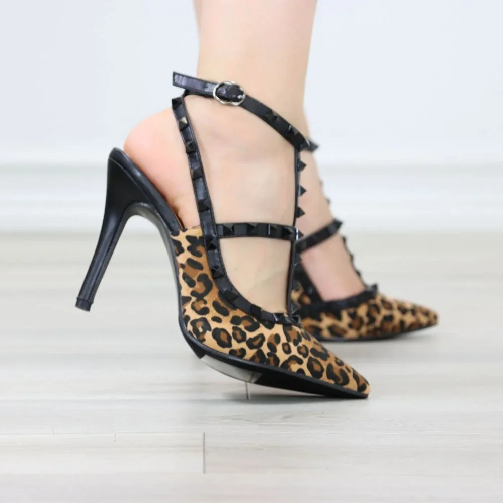 Leopard Rockabilly High Heels Ankle Strap Pointed Toe Studed - Picture 12 of 13